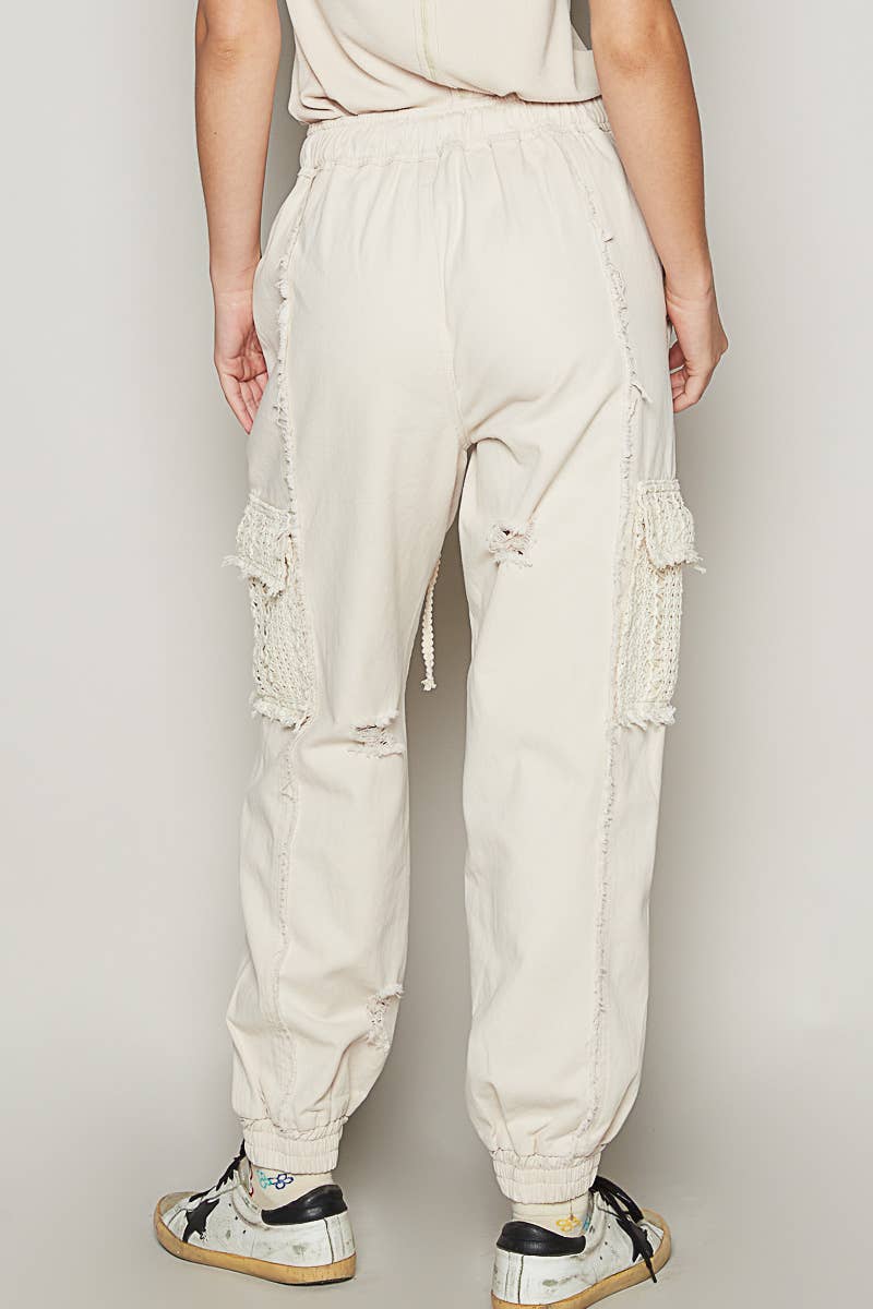 Pol Clothing - Wholesale Jeans - Women's - Tie waistband contrast crochet cargo pockets denim joggers59