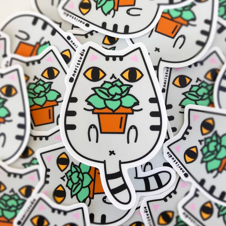 Gray Tabby Cat and Succulent Plant Vinyl Sticker for wholesale by Noristudio