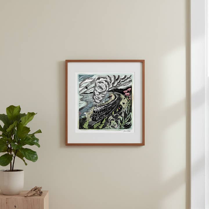 Impression en linogravure limitée de "Crashing of the Seasteads (Dawlish Train)" pour la vente par Jamie Poole