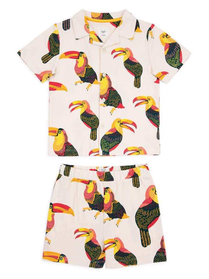 Weiss Kurzes Pyjama-Set aus Bio-Baumwolle mit Tukan-Print für Kinder für den Großhandel auf Faire