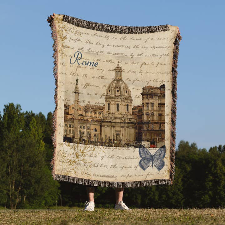 3dRose - Wholesale Throw Blanket - 3dRose, Rome with script and butterfly- Italy, Blanket1