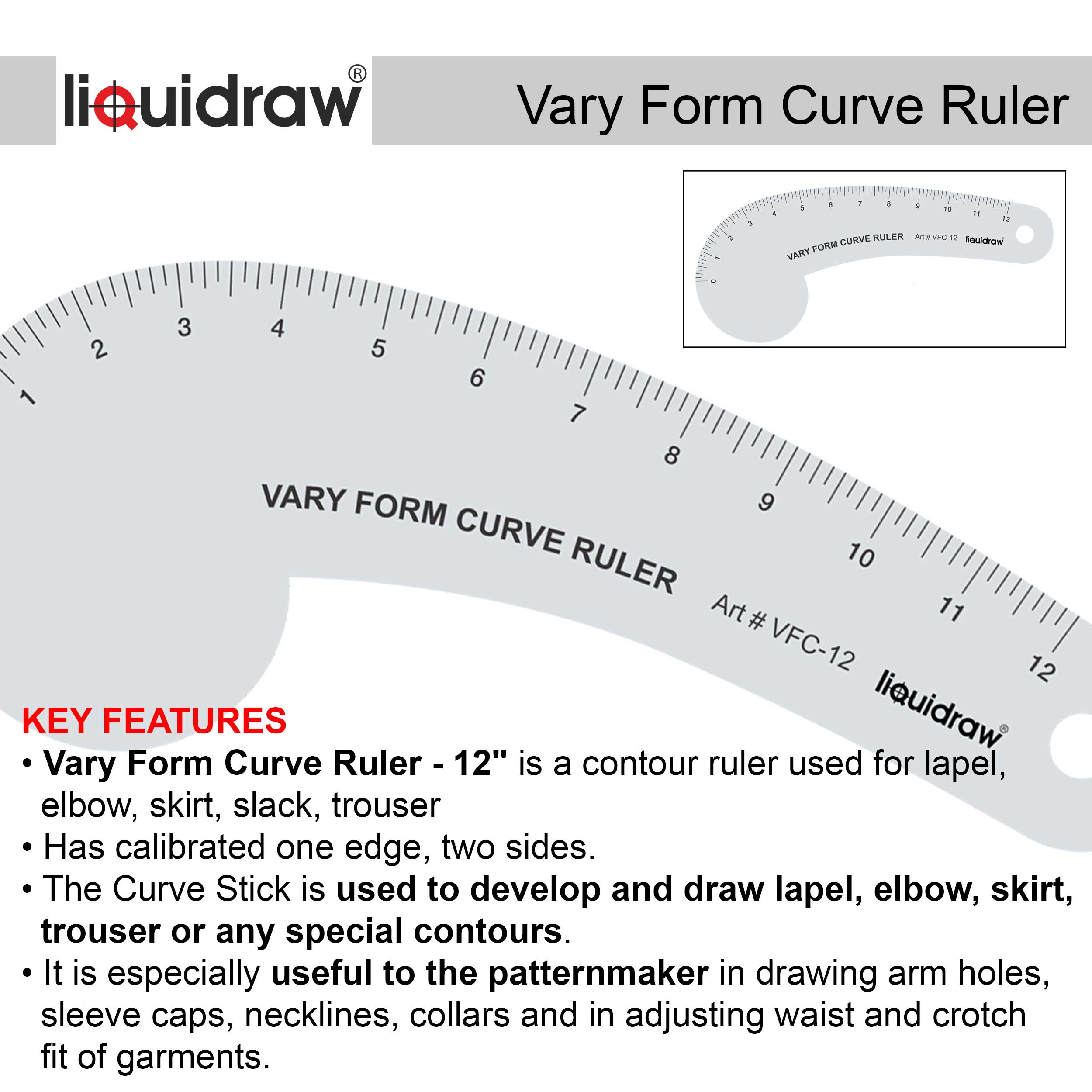 Liquidraw – wholesale Linjal – Liquidraw Vary Form Kurvlinjal 12" Solid Klar Akryl Fransk Kurva Mönstertillverkare Linjal För Klädsömnad Höftkurva För Skärning, Sömnad, Skrädderi, Modedesign, Mätning & Mönstertillverkning1