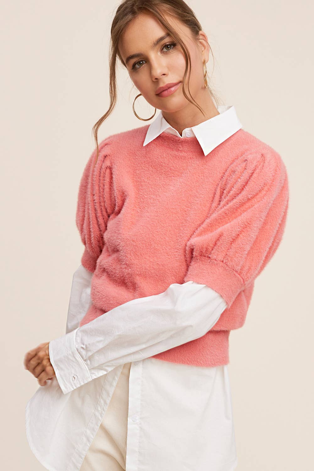 La Miel - Wholesale Blouse - Women's - JCS3554-Soft Mohair Puff Short Sleeve Knit Top16