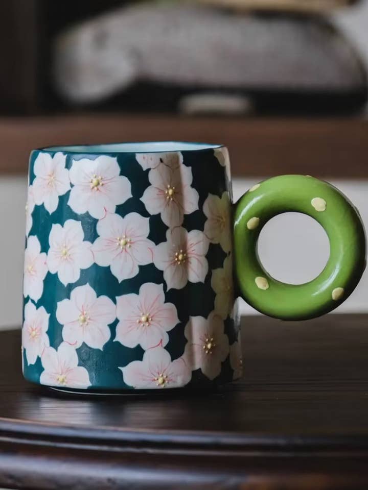 Underglaze Hand-Painted Sakura Mug for wholesale by sylvarastudio