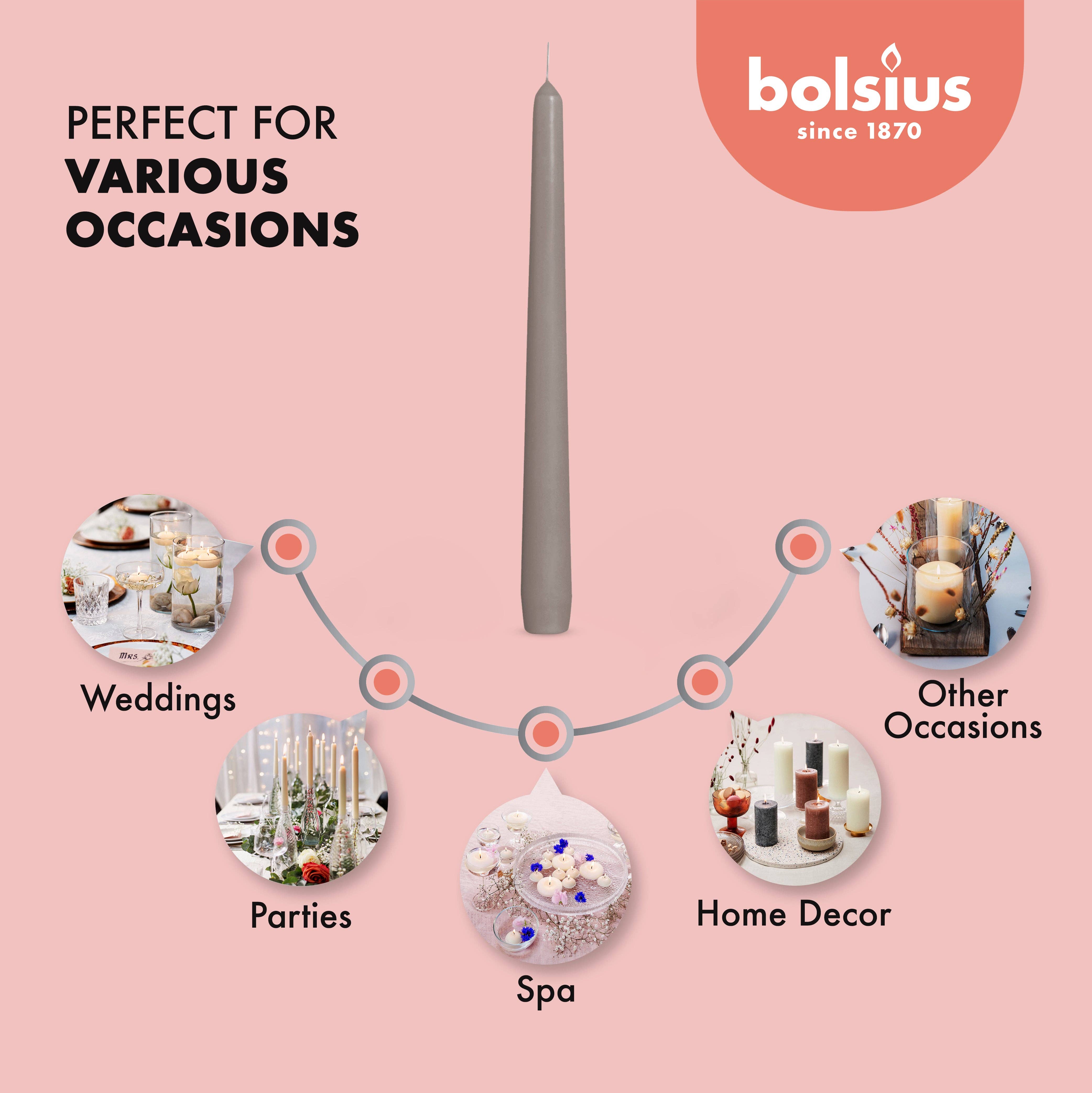 BOLSIUS – Engroshandel Stearinlys/lysestage – Høje 25 cm kegleformede lys, 10 stk. - Bryllup, dekorative, farvede og duftfri18