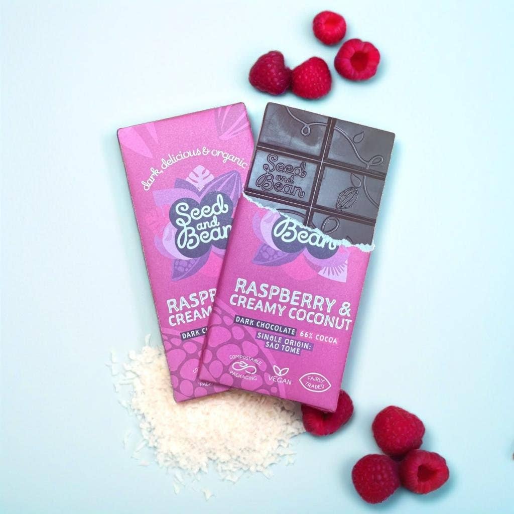 Seed & Bean  [No duties when shipping to US!] – wholesale Chocolate bar – COCONUT & RASPBERRY DARK VEGAN CHOCOLATE 75G BAR (66% COCOA)2