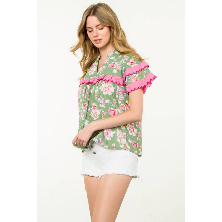 SAGE Ruffle Trim Floral Short Sleeve Top for wholesale on Faire