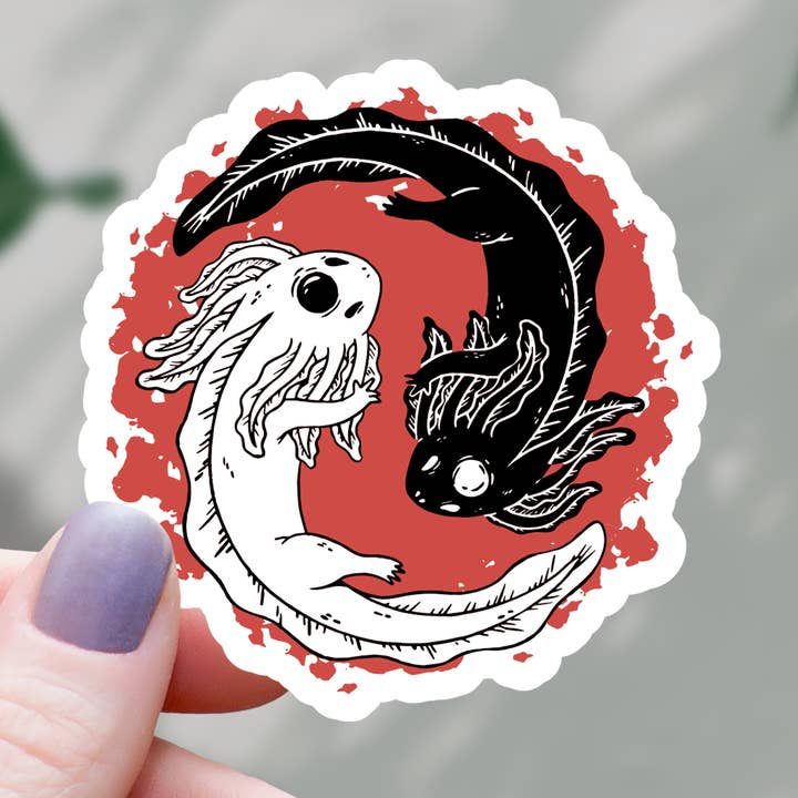 Axolotl Yin Yang Sticker Red and Black Sticker - 3" for wholesale by Mimic Gaming Co