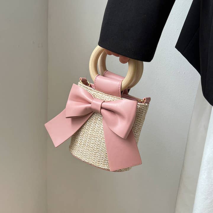 SALINA TRADING INC - Wholesale Crossbody Bag - Women's - Bohemian Style Fashion Bow Woven Straw Bucket Bag4