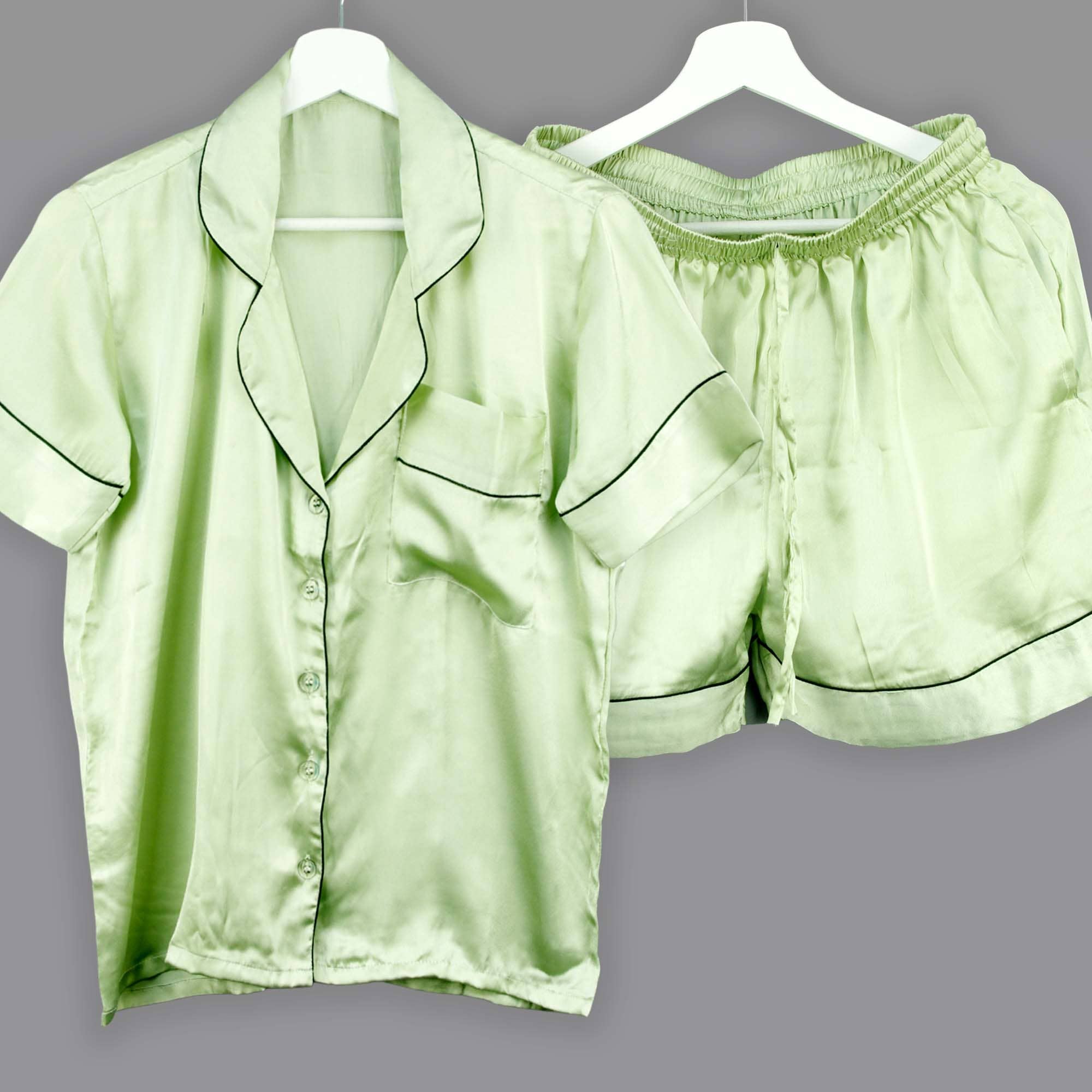 Kantha Decor – wholesale Sleepwear set – Women's – Short Satin Plain Without Pouch Pyjama Set - Light Green