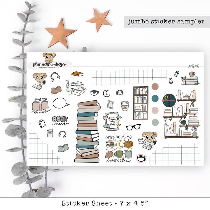 Boho Bookish Doodles Jumbo Sampler Sticker Sheet for wholesale by Plannermonkeyco