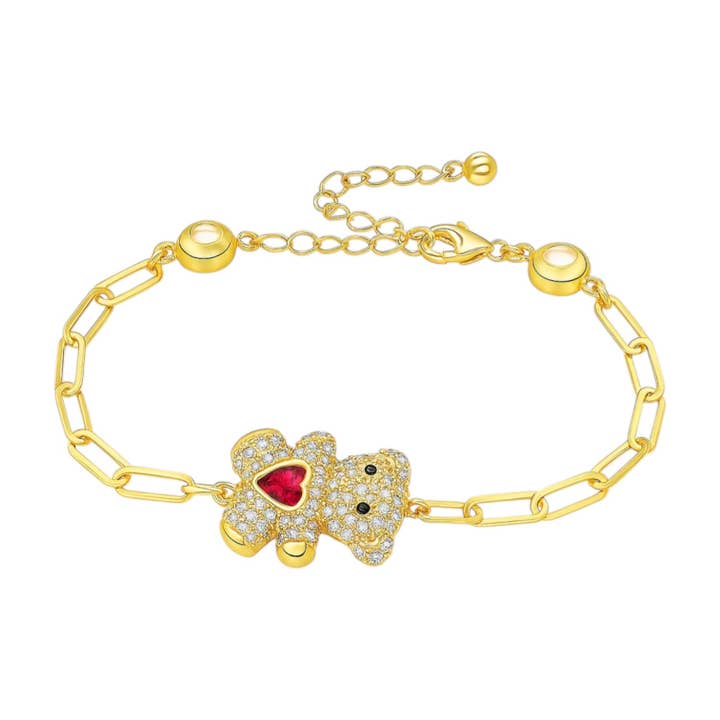 14K Yellow Gold CZ Teddy Bear W/ Pink Heart Paperclip Bracelet (7"+1") (5.9 GRAMS) for wholesale by Atlanta Jewelers Supply