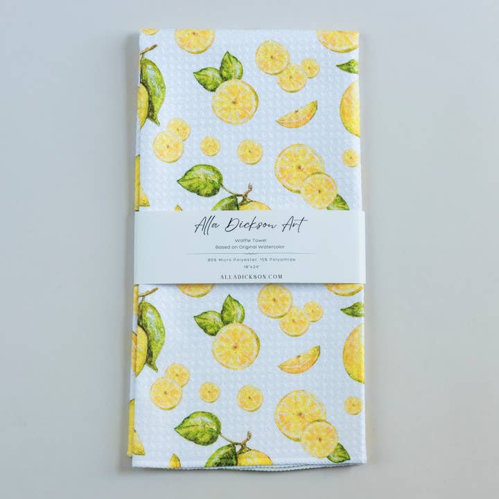 Lemon Towel Lemons Decor Lemon Kitchen Waffle Towel for wholesale by Alla Dickson Art