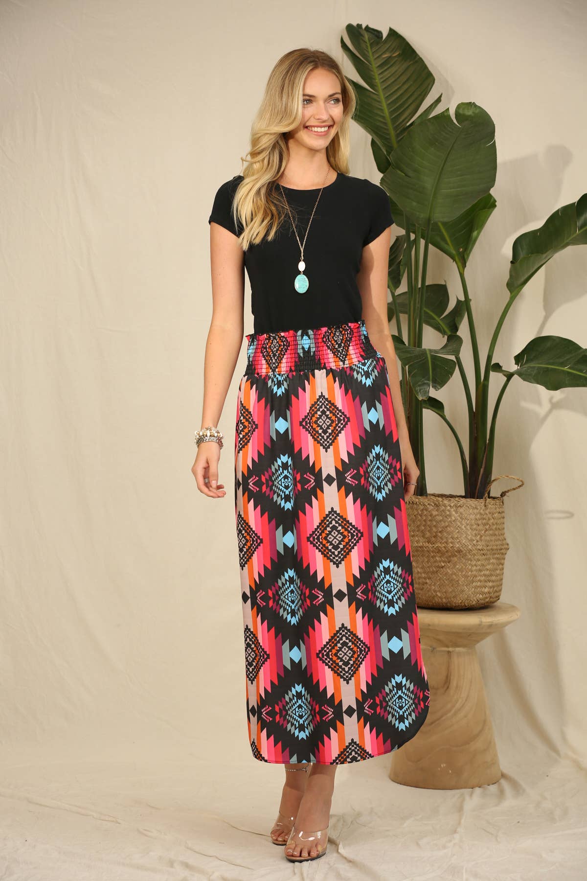 BLACK HOT PINK AV1213-ALANA AZTEC PRINT SMOCK WAIST MAXI SKIRT for wholesale on Faire1