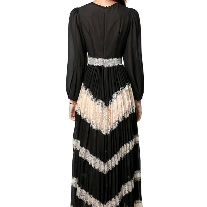 Black DR602Y Elegant V-Neck Chiffon Lace Pleated Swing Dress for wholesale on Faire4