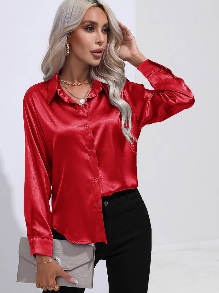 NINEXIS - Wholesale Button Down Shirt - Women's - CWTBLL0690_Button Down Silky Satin Long Sleeve Top71