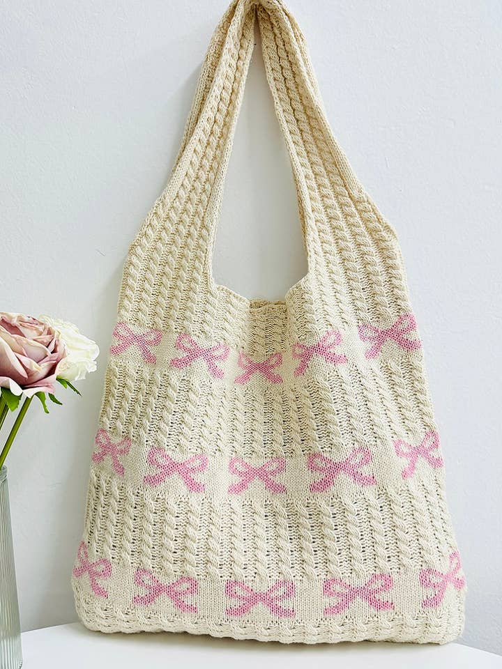 ._ SI-26483 Ribbon Pattern Knitted Crochet Tote Bag for wholesale by 42POPS