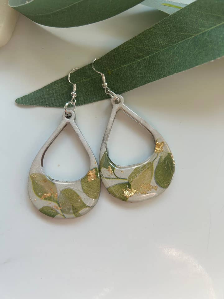 Handcrafted Wood & Gold Leaf Teardrop Earrings leaf for wholesale by Jen Lashua | Home Decor & Gifts