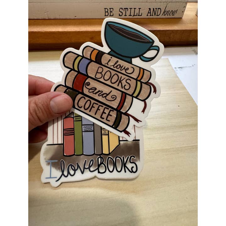 Beth Ann Erickson Designs - Wholesale Sticker - Bookish Sticker, I Love Books and Coffee Sticker