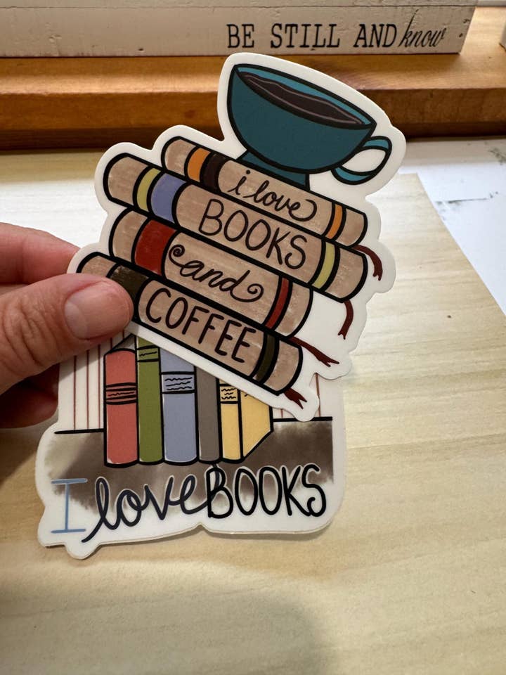 Bookish Sticker, I Love Books and Coffee Sticker for wholesale by Beth Ann Erickson Designs