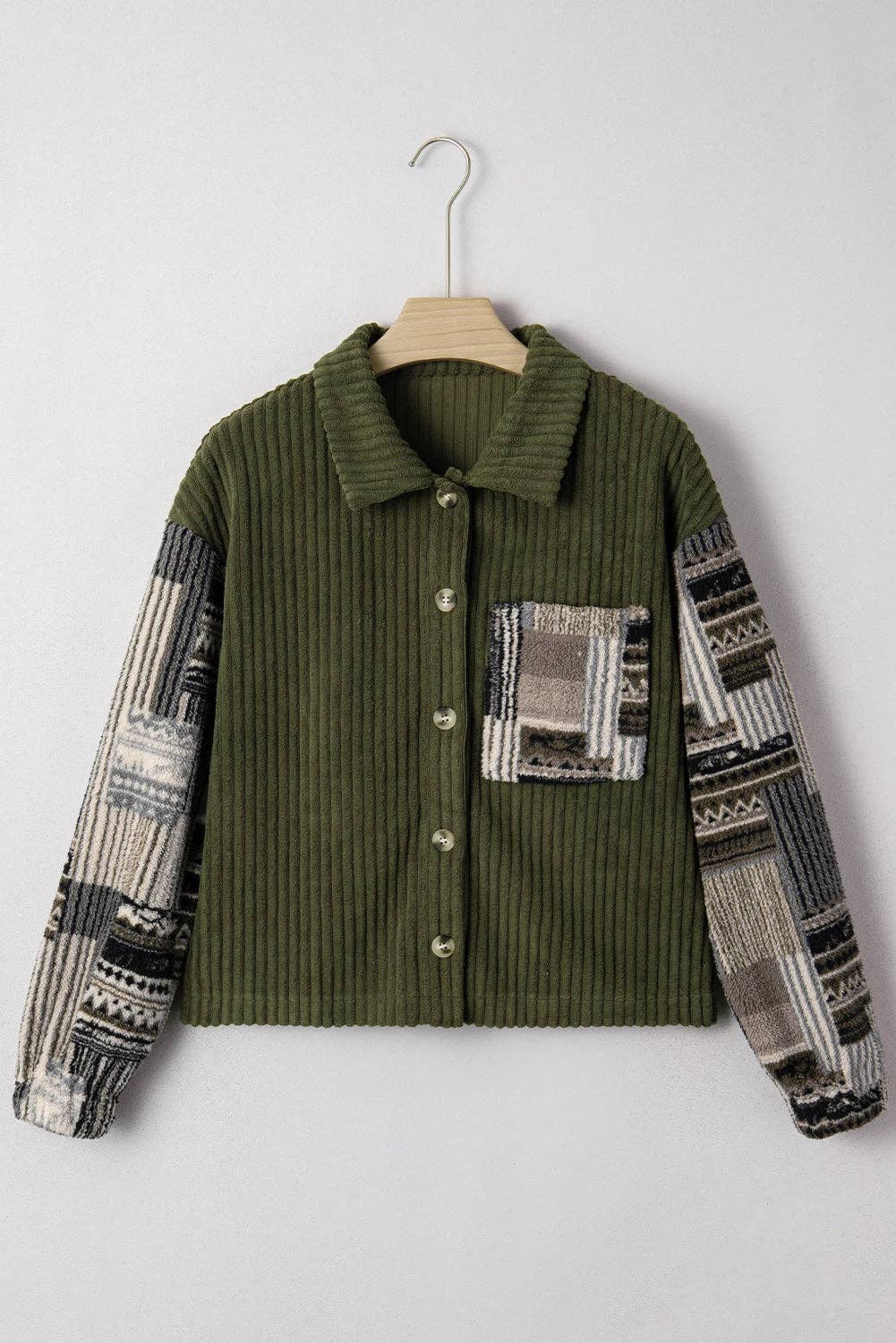 Jungle Green Ribbed Fleece Plaid Print Patchwork Button Up Jacket for wholesale on Faire5