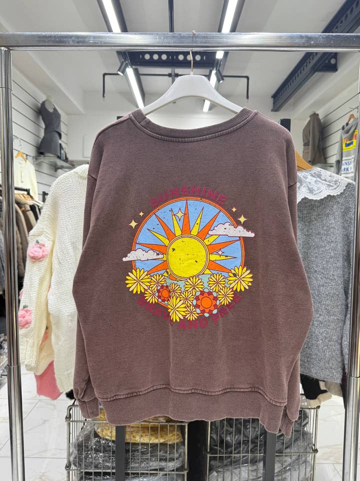 Chilli Girl Collection - Wholesale Sweatshirt - Women's - Round neck faded wash sweatshirt with Sunshine print 1