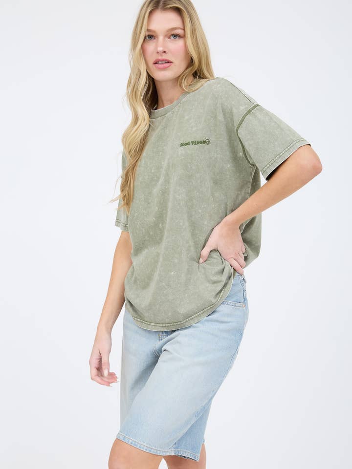Blu Pepper - Wholesale Knit Top - Women's - GOOD VIBES WASHED SHORT SLEEVE KNIT T-SHIRT
