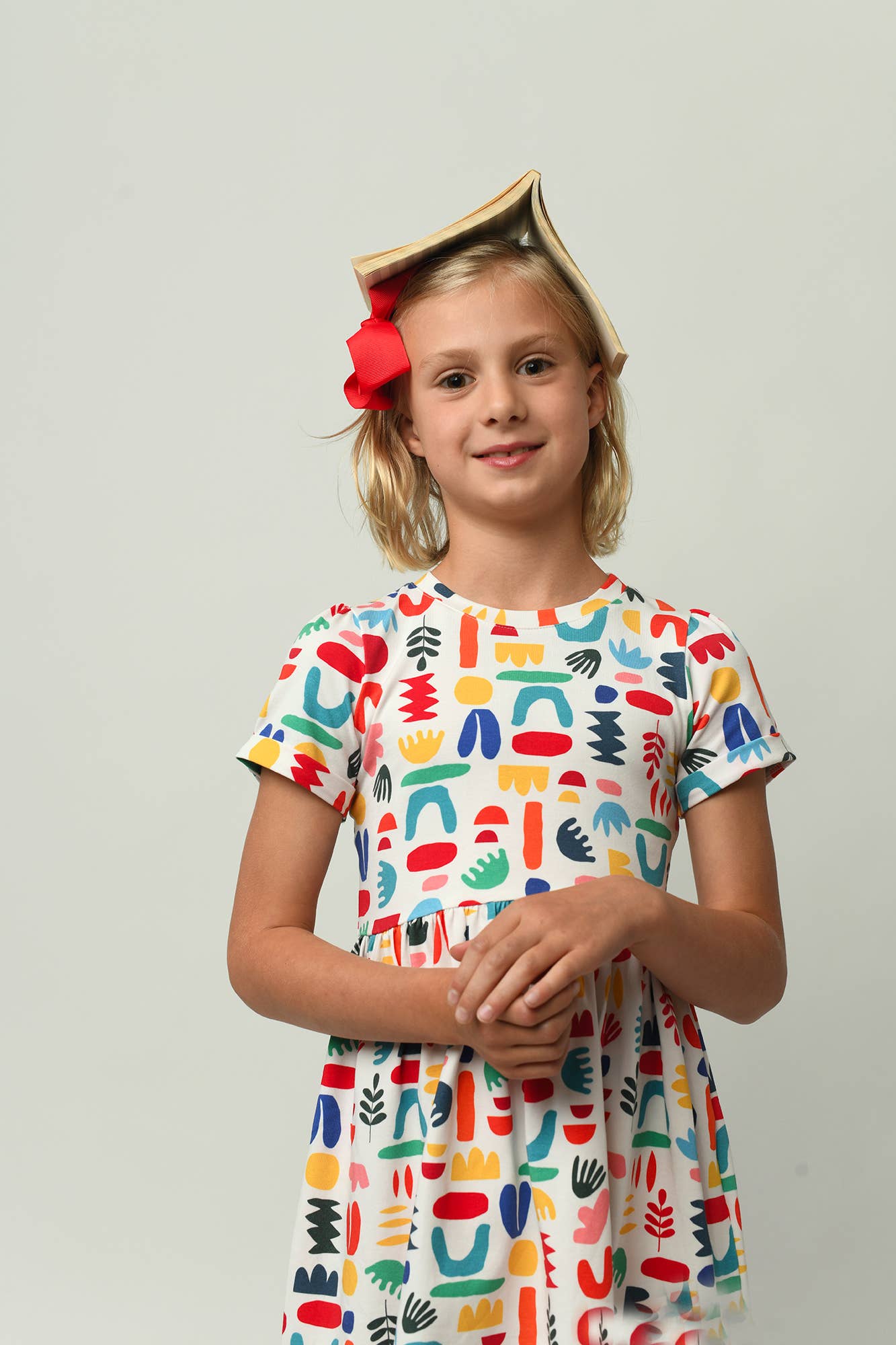 Minna - Wholesale Dress - Kids -  Short Sleeve Jersey Twirl Dress - Colorful Retro Shapes5