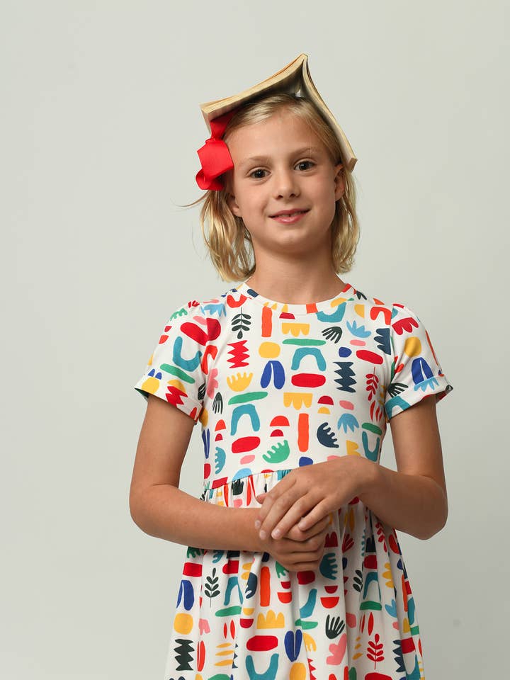 Minna - Wholesale Dress - Kids - Short Sleeve Jersey Twirl Dress - Colorful Retro Shapes5