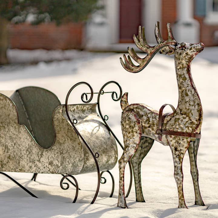 Zaer Ltd. International - Wholesale Christmas Decoration - Large Galvanized Reindeer and Sleigh Decoration