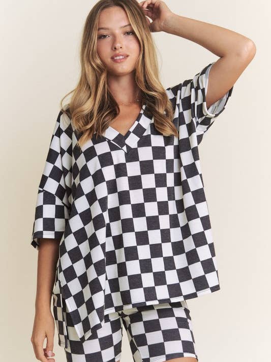 JADE BY JANE PLUS - Wholesale Lounge Set - Women's - PLUS SIZE SHORT SLV V-NECK / SHORTS CHECKERBOARD SET12