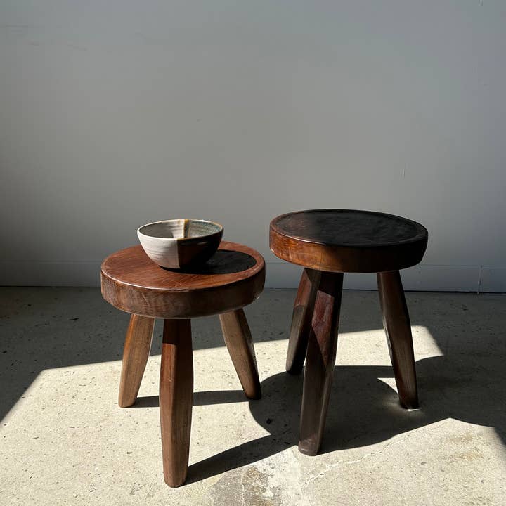 Office Objets - Wholesale Stool - Upcycled low flat teak tripod stool - Small solid brown wood stool with flat circular seat H:35cm D:30cm17