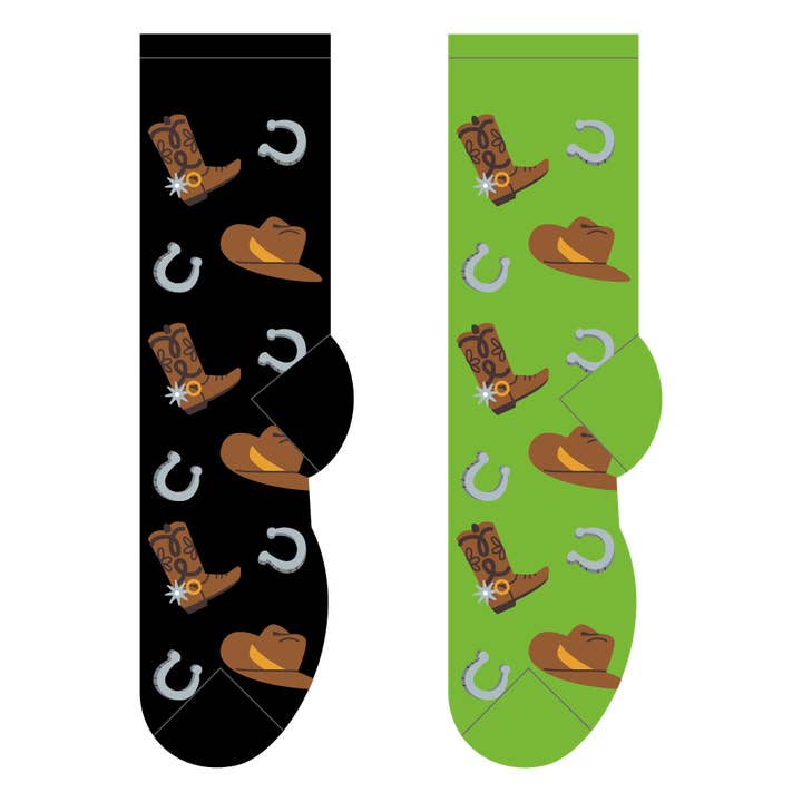 Chapeaux, bottes et chaussettes en fer à cheval de cowboy pour la vente par FOOZYS Fun Socks