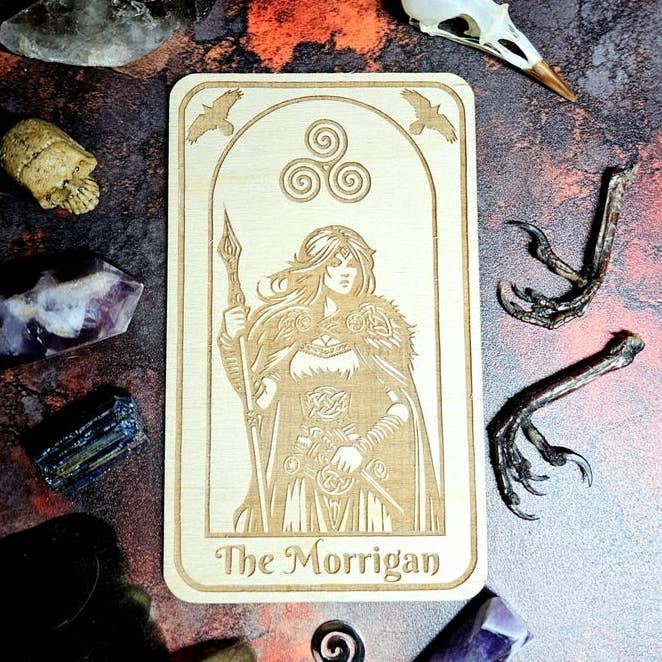 The Morrigan Deity Altar Card Laser Engraved Altar Decor for wholesale by Prism Moon Designs