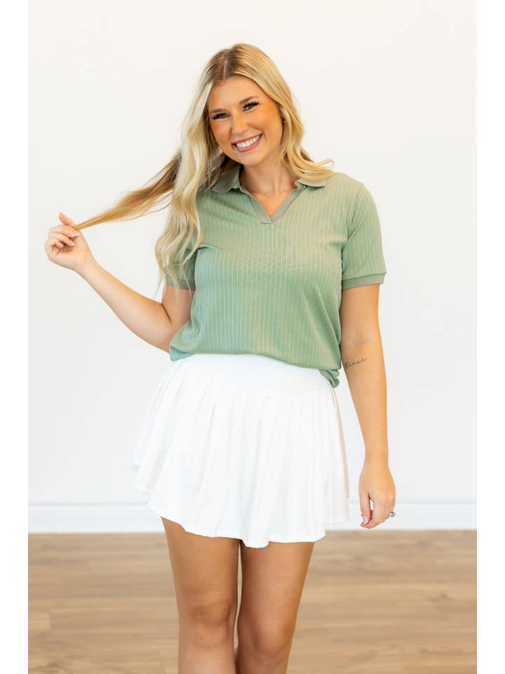 Rib Knit Polo Top, Sage Green for wholesale on Faire3