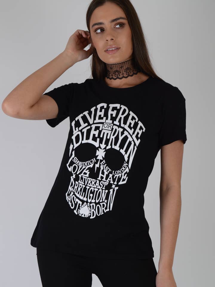 Lovemystyle Schwarzes T-Shirt mit weißer Totenkopf-Grafik für den Großhandel von LoveMyStyle