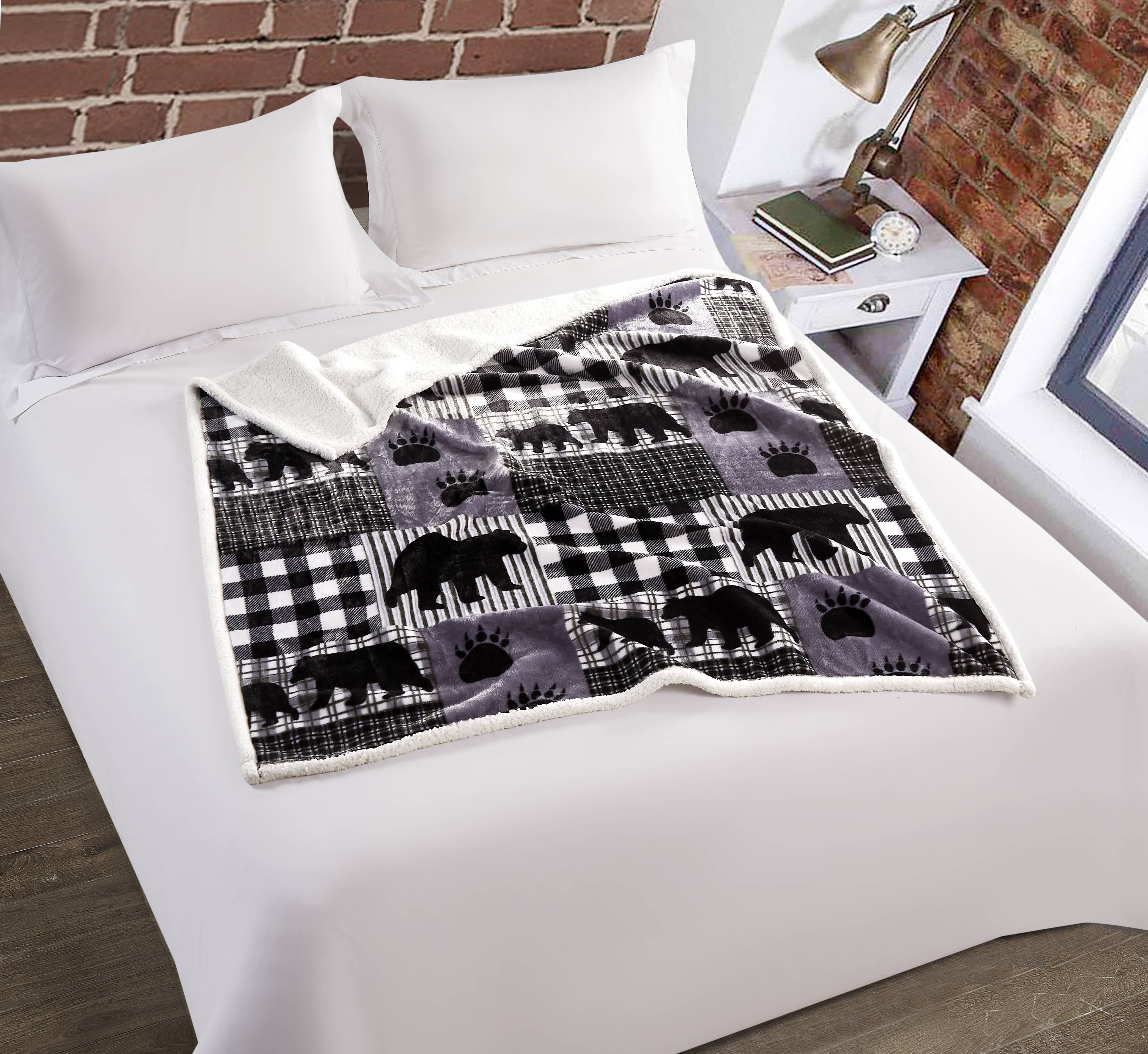 Duke Imports - Wholesale Throw Blanket - "Black Bear Plaid Gray" Flannel Sherpa Throw Blanket 50"x60"2