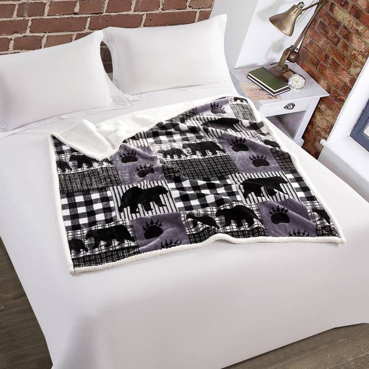 Duke Imports - Wholesale Throw Blanket - "Black Bear Plaid Gray" Flannel Sherpa Throw Blanket 50"x60"2