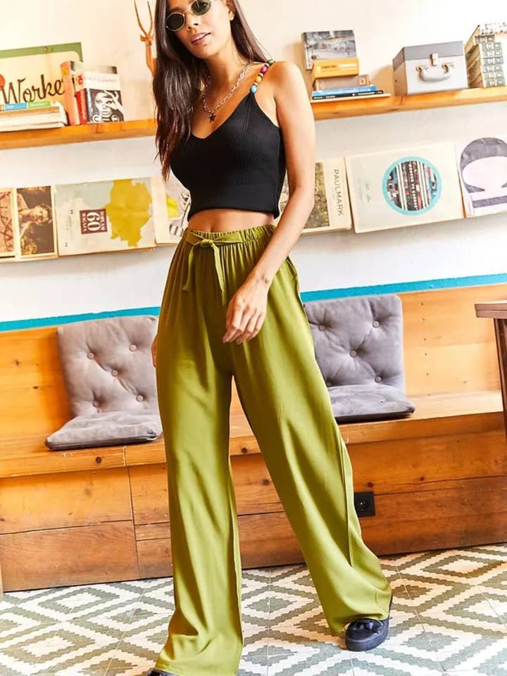 Belted Woven Viscose Palazzo Pants for wholesale by Hoxton Gal
