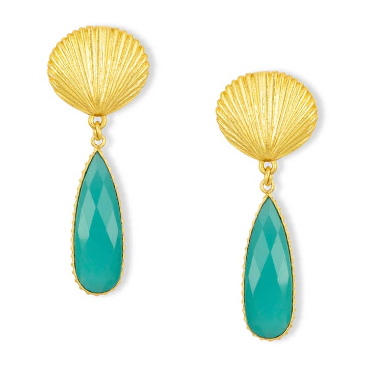 Orecchini Tria Gold Shell Aqua Calcedonio per la vendita all'ingrosso da parte di Ashiana London