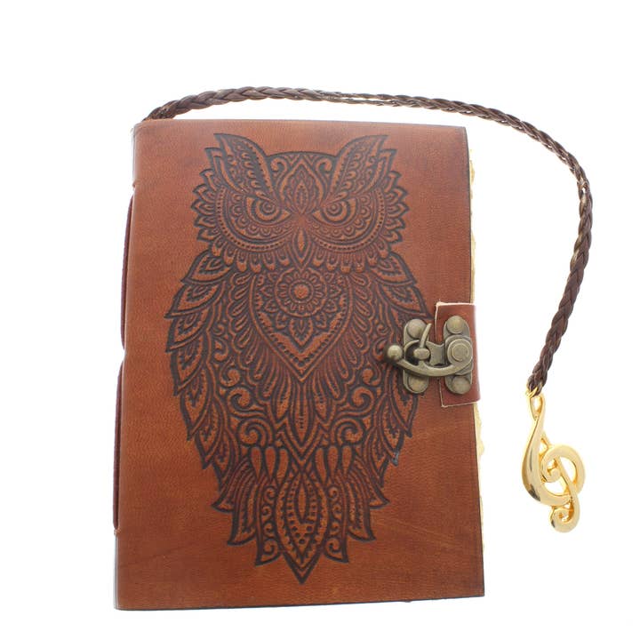 Owl Embossed Leather Journal with Brass Treble Clef Bookmark for wholesale by HHH Designs