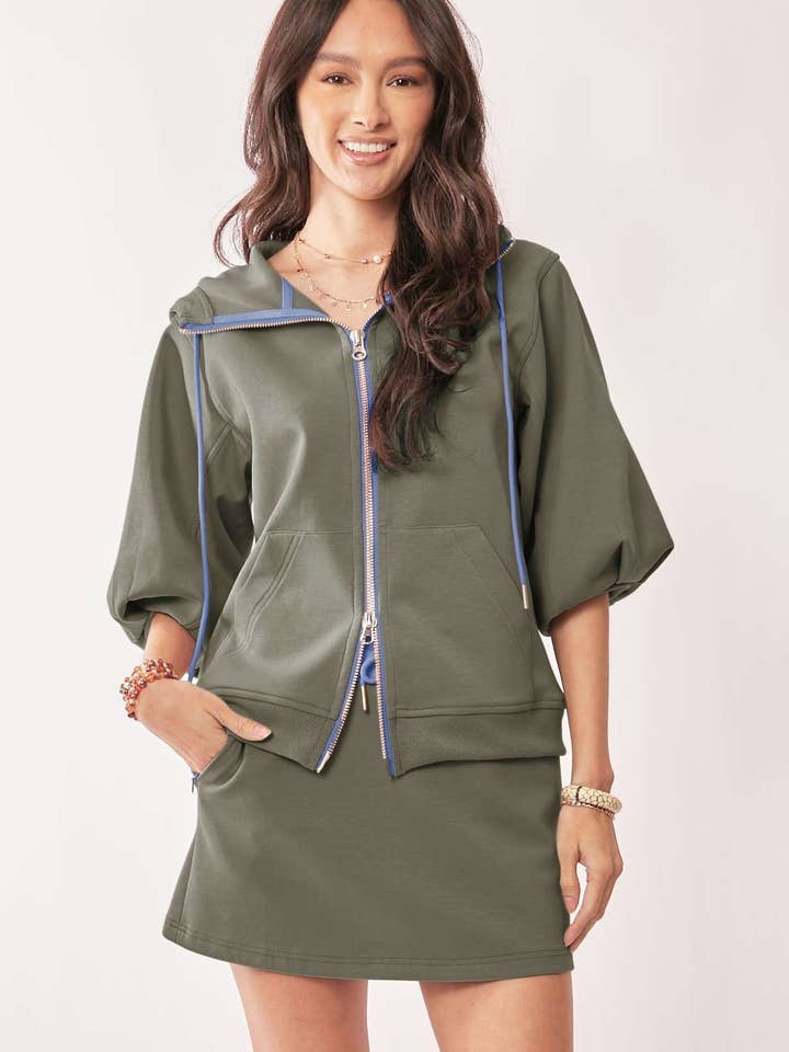 SHORT SLEEVES DRAWSTRING ZIP UP HOODED JACKET for wholesale by Davi & Dani