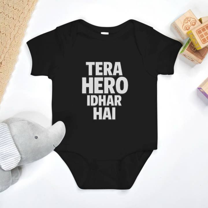 "Tera Hero Idhar Hai" Baby Onesie - Black for wholesale by Smriti Designs Gift Shop