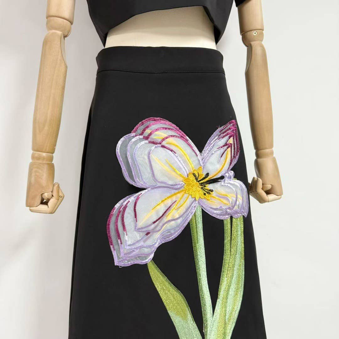 Productseeker - Vendita all'ingrosso Completo top e gonna - Donna - Completo Estivo Elegante 3D con Fiori a Maniche Corte e Gonna 21Y17