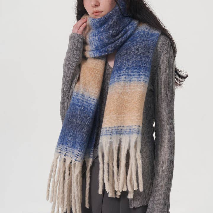 ACCITY - Wholesale Scarf - Women's - WARM AND COMFORTABLE STRIPED PLAID FRINGED SCARF_CWASC0333