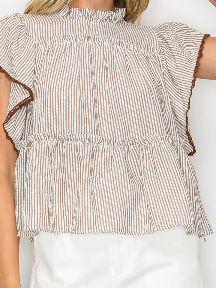 LoveWednesday - Wholesale Blouse - Women's - Tortilla Stripe Ruffle Blouse - LWT19835