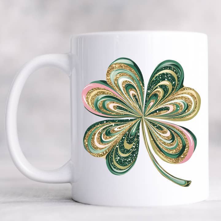 Glitter Leaf Clover St Patricks Day Mug for wholesale by Hello Gorgeous Mugs