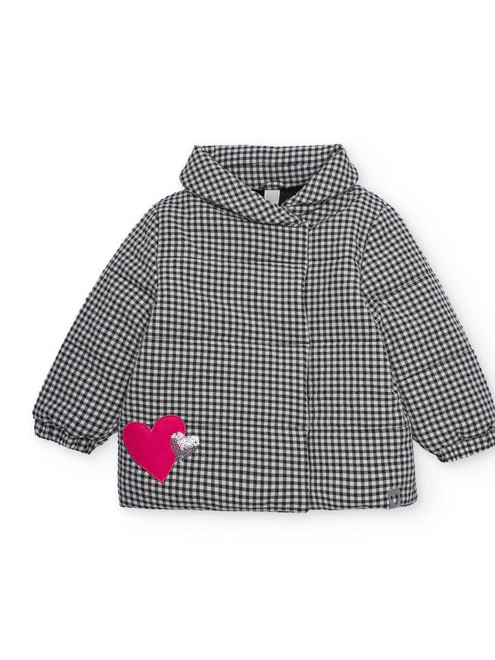 Manteau de fille en vichy noir avec détail de cœurs pour la vente par tuc tuc