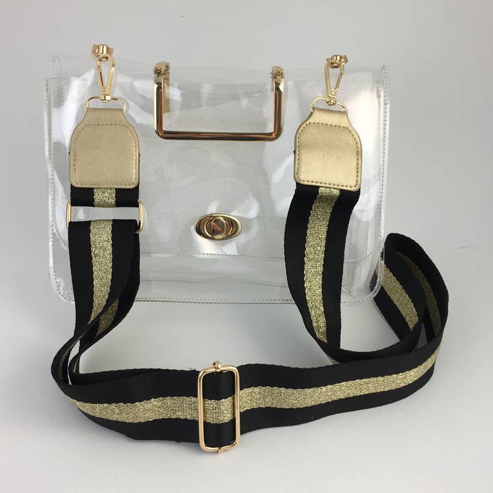 Sac transparent avec bandoulière à paillettes noires et dorées pour la vente par SongLily