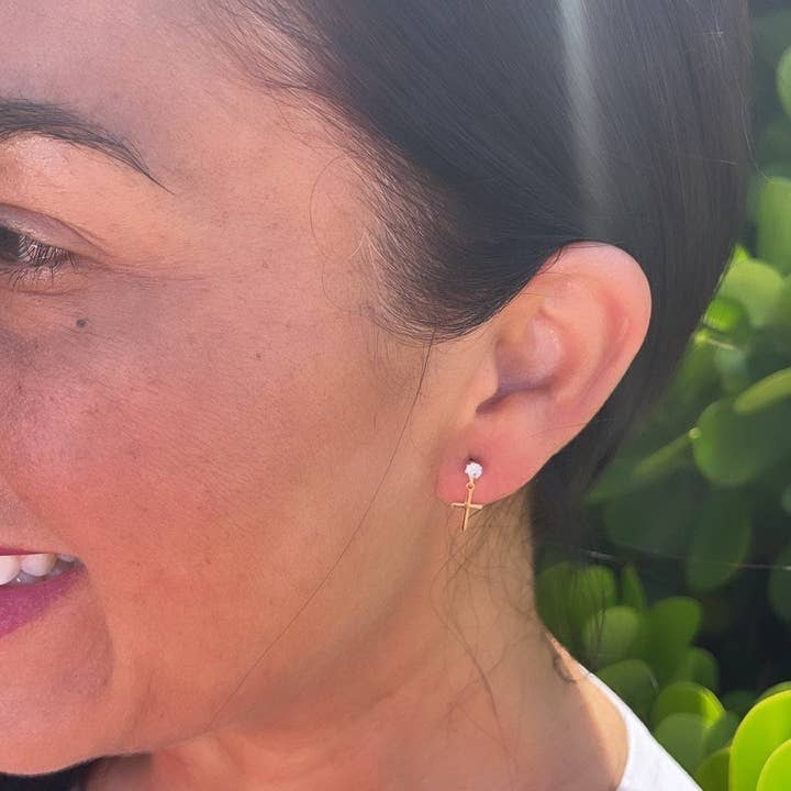 Milie Jewels - Wholesale Stud/Post Earrings - 18k Gold Filled Tiny Hanging Cross with Cubic Zirconia Stud Earrings Wholesale
